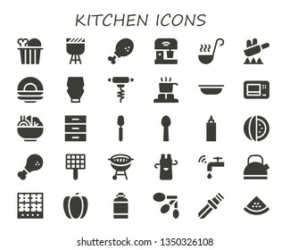 kitchen icon set. 30 filled kitchen icons.  Simple modern icons about  - Chicken, Barbecue, Chicken leg, Mixer, Ladle, Fry, Dish, Mayonnaise, Bottle opener, Cooker, Bowl, Microwave