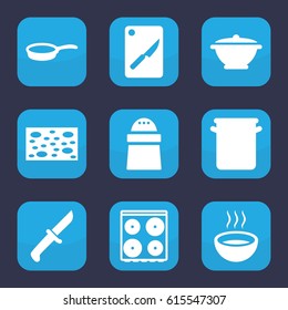 Kitchen icon. set of 9 filled kitchen icons such as sponge, cooker, pepper, soup, pan, chopping board and knife