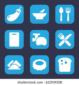 Kitchen icon. set of 9 filled kitchen icons such as eggplant, spoon and fork, bowl, cutting board, sponge, fork and knife, napkin, meat grinder
