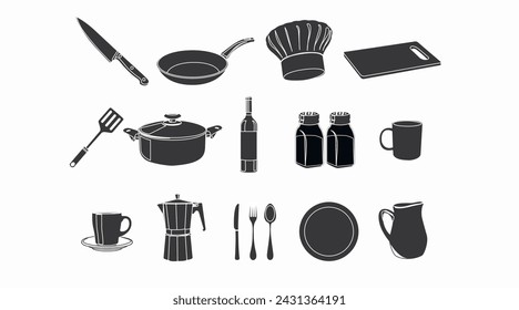Kitchen Icon Set. Set of black and white isolated illustrations of kitchenware