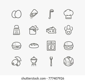 Kitchen icon set with bread, eggs and salt shaker. Set of bakery related kitchen icon set line vector items for web mobile logo design.