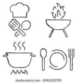 kitchen icon set, brush strokes on white background. Vector illustration.