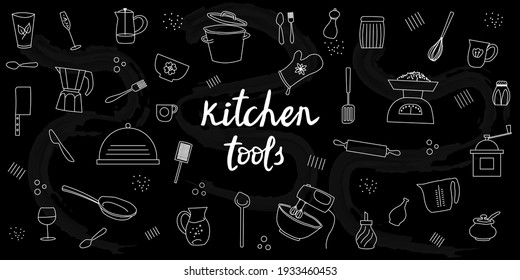 Kitchen icon set. Chalk cooking tools and appliances, kitchenware, utensil flat icons collection on a black board background. Vector illustration.