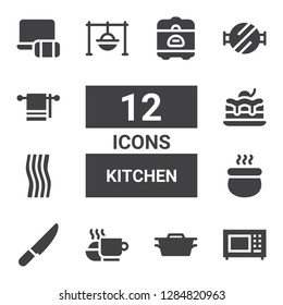 kitchen icon set. Collection of 12 filled kitchen icons included Microwave, Dutch oven, Meal, Knife, Pot, Towel, Brownie, Cooking, Barbecue grill, Electronics, Rice cooker