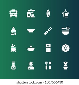 kitchen icon set. Collection of 16 filled kitchen icons included Pot, Cutlery, Dish, Sauce, Cookie, Refrigerator, Citrus juicer, Whisk, Fork, Bowl, Bakery shop, Towel, Bread, Chimney