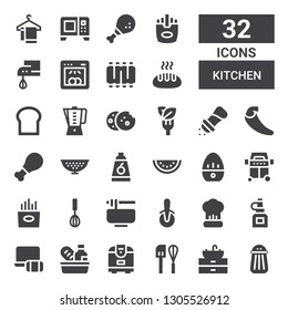 kitchen icon set. Collection of 32 filled kitchen icons included Salt, Sink, Mixer, Rice cooker, Food, Electronics, Oil bottle, Cooking, Pizza cutter, Noodles, Fries, Grill, Kitchen timer