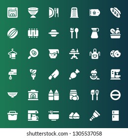 kitchen icon set. Collection of 36 filled kitchen icons included Fridge, Wooden leg, Bun, Noodles, Coffee maker, Salt, Mixer, Ingredients, Sauces, Fireplace, Colander, Coffee machine