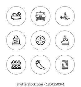 Kitchen icon set. collection of 9 outline kitchen icons with bbq, bread, chicken, chili, cookie, grater, eggs, kettle icons. editable icons.