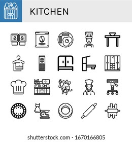 kitchen icon set. Collection of Chicken leg, Yogurt, Coffee bag, Fried eggs, Chef, Dinner table, Towel, Pasta, Wardrobe, Tap, Chef hat, Kitchen, Eating, Stool, Plate, Knife icons