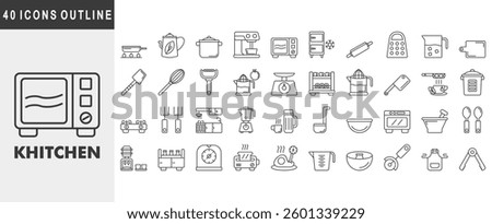 kitchen icon set collection. Covers pan, teapot, pot, mixer, microwave, refrigerator, rolling pin. Simple vector outline illustration.