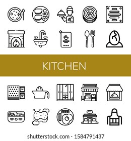kitchen icon set. Collection of Soup, Fireplace, Chicken breast, Sink, Waiter, Mayonnaise, Cookie, Cutlery, Extractor, Eggs, Napkin, Salad, Juicer, Sponge, Wardrobe, Fried eggs icons