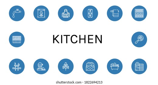conjunto de iconos de cocina. Colección de Papanicolau, bolso de café, apron, máquina de café, toalla, galletas, mesa de cena, carnicero, perejil, remolque, bufé, toallas