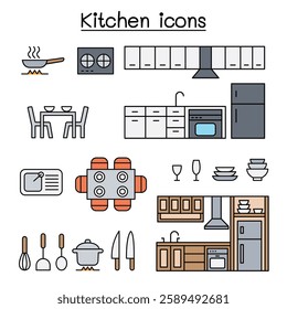 Kitchen icon set in color line style