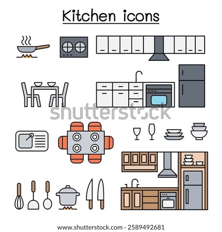 Kitchen icon set in color line style