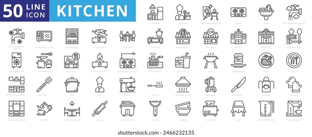 Kitchen icon set with cooking, food preparation, stove, sink, hot, cold running water, refrigerator and cabinets.