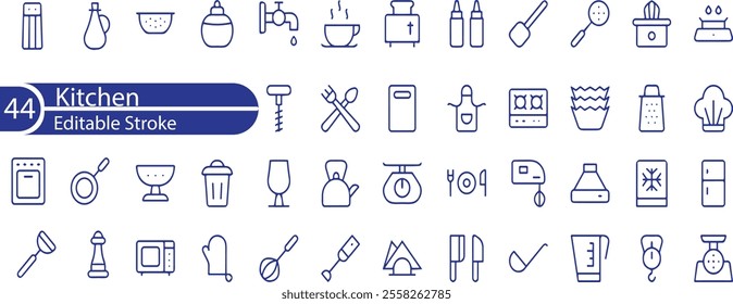 Kitchen icon set with cooking, food preparation, stove, sink, hot, cold running water