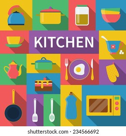 kitchen icon set of cooking utensils in flat style