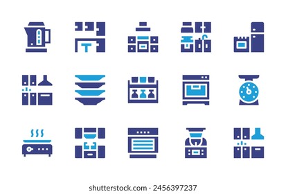 Kitchen icon set. Duotone color. Vector illustration. Containing kitchen, cabinet, shelves, oven, furniture, plates, cooking, scale, robot, electric kettle.