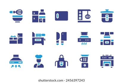 Kitchen icon set. Duotone color. Vector illustration. Containing apron, range, chef, kitchen, blender, multicooker, kitchen board, kitchen hood, knife, mixer blender, whisk, fryer.