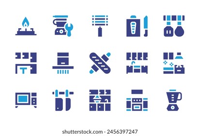 Kitchen icon set. Duotone color. Vector illustration. Containing kitchen, kitchen utensils, grill, kitchen robot, stove, knife, microwave oven, smoke extraction, blender, rolling pin, chopping board.