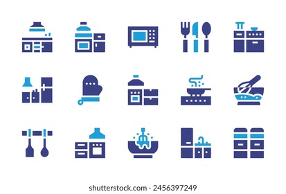 Kitchen icon set. Duotone color. Vector illustration. Containing kitchen, cabinets, mitten, cutlery, kitchen utensils, pan, whisk, microwave, spices, mixing.