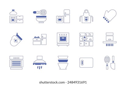 Kitchen icon set. Duotone style line stroke and bold. Vector illustration. Containing apron, kitchen, bowls, extractor, cooking, oven, kitchen board, kitchen glove, whisk.