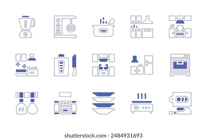 Kitchen icon set. Duotone style line stroke and bold. Vector illustration. Containing kitchen cabinet, kitchen, pot, kitchen furniture, mixer blender, blender, chopping board.