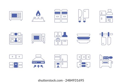 Conjunto de iconos de cocina. Trazo de línea de estilo duotono y negrita. Ilustración vectorial. Conteniendo gabinete de cocina, estantes, estufa, cocina, horno microondas, campana extractora, microondas, especias.