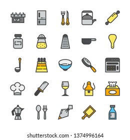 Kitchen icon set with filled outline style vector illustration