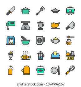 Kitchen icon set with filled outline style vector illustration