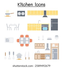 Kitchen icon set in flat color style