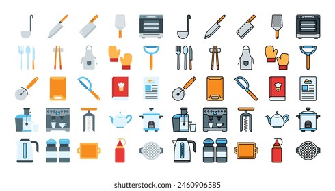 Kitchen icon set in flat and filled line style. Suitable for apps, web design etc.