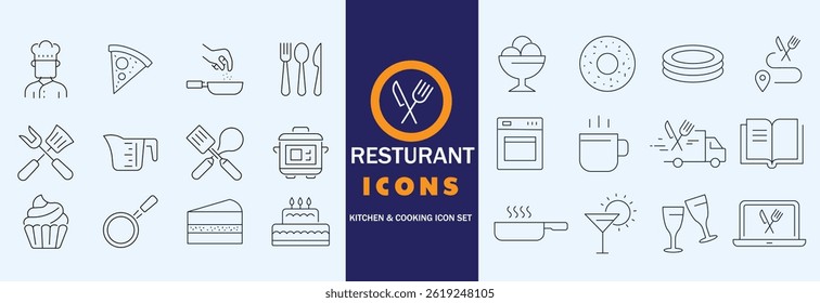 kitchen icon set with food drink and cooking symbols
