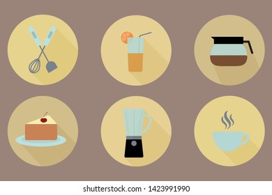 Kitchen icon set.  Food, drinks, kitchen appliances. Vector illustration.