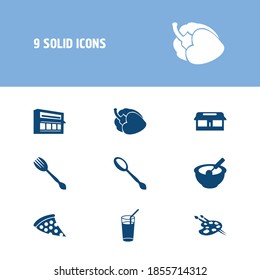 Juego de iconos de cocina y tenedor con restaurante, pimiento y café. Vector de icono de cocina relacionado con la paleta para el diseño del logotipo de la interfaz de usuario web.