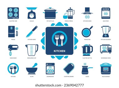 Kitchen icon set. Frying Pan, Knife, Cezve, Electric Kettle, Scales, Measuring Cup, Fridge, Blender. Duotone color solid icons