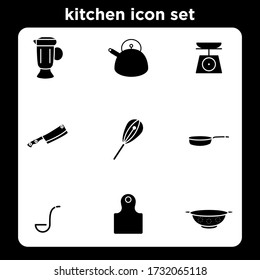 kitchen icon set glyph style for your design. such as kitchen, Blander, Kettle, scales,knife,pan,cutting board,Colander,spoon soup