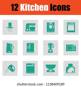 Kitchen icon set. Green on gray design. Vector illustration.
