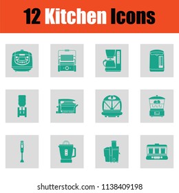 Kitchen icon set. Green on gray design. Vector illustration.