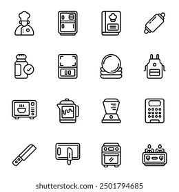 Conjunto de iconos de cocina. Incluye delantal, licuadora, rallador, hervidor de agua, platos, microondas, horno y más. Colección de Vector de iconos de contorno.