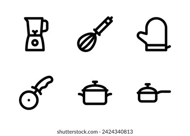 Kitchen icon set including blender, whisk, oven mitt, pizza cutter, and pot.