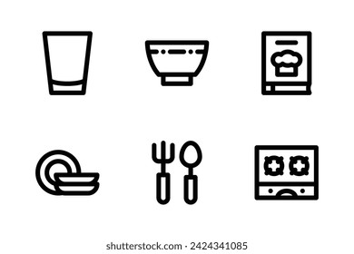 Kitchen icon set including glass, bowl, recipe book, plate, cutlery, and stove.