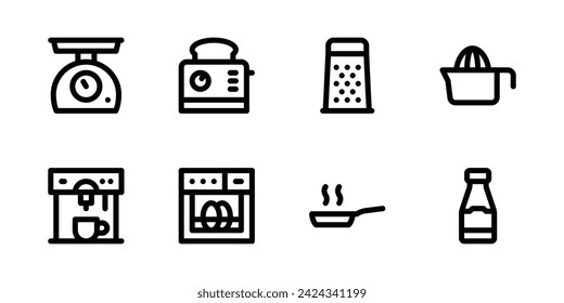Kitchen icon set including scale, toaster, grater, squeezer, coffee maker, dishwasher, frying pan, and ketchup.