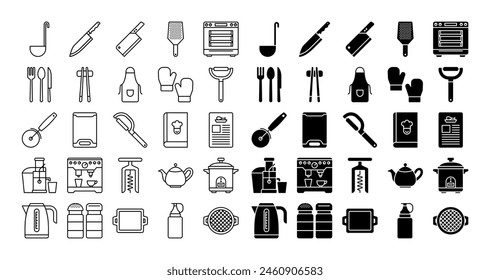 Küchen-Icon-Set in Linie und Glyphen-Stil. Geeignet für App, Webdesign etc.