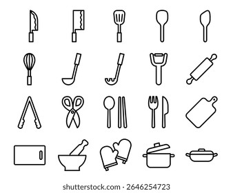 Conjunto de ícones da cozinha. Estilo da estrutura de tópicos da linha