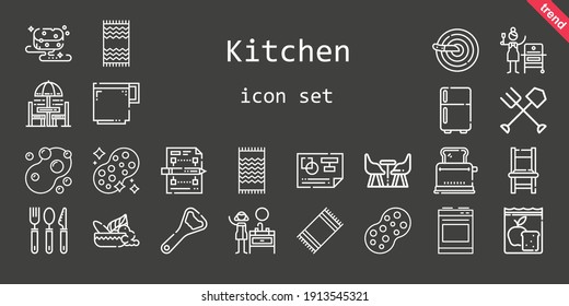 kitchen icon set. line icon style. kitchen related icons such as sponge, fridge, mortar, beach towel, oven, chair, sink, cutlery, bottle opener, chair and table, meal, planning, fork, knife