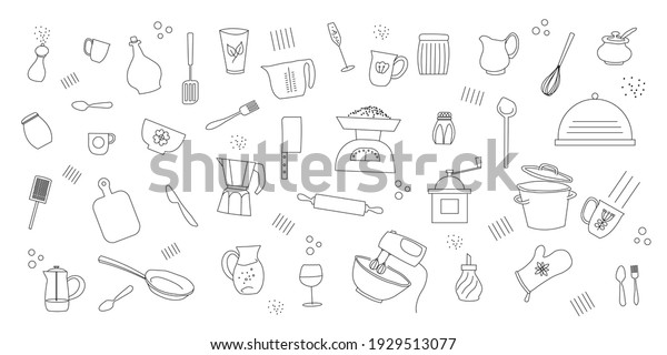 Kitchen icon set. Lines kitchen cooking\
tools and appliances, kitchenware, utensil flat icons collection.\
Vector illustration.