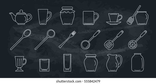 Kitchen icon set on blackboard. Isolated vector illustration in line style. Outline kitchen sign collection.
