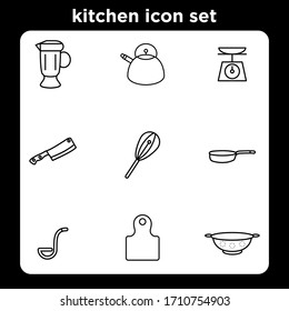 kitchen icon set outline style for your design. such as kitchen,Blander,Kettle,scales,knife,pan,cutting board,Colander,spoon soup