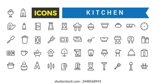 Kitchen Icon Set, Set Of Pans, Frying Pan, Tableware, Plates, Knives Set, Cutlery, Oven Mitt, Chef's Hat, Pot, Saucepan, Grater, Cooking Whisk, Cutting Board, Apron Vector Icons, Vector Illustration